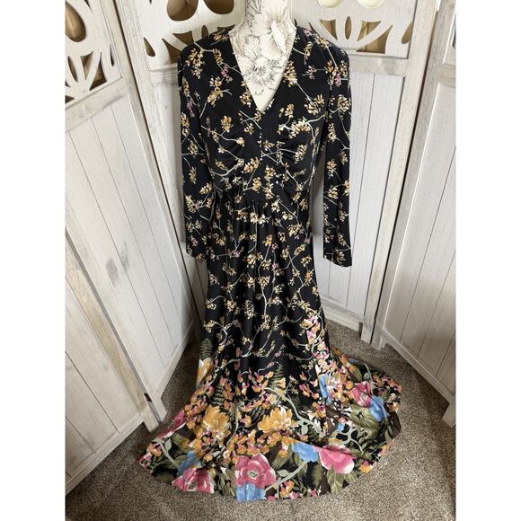 Unbranded Dresses & Skirts - Vintage Floral Maxi Dress Black Cottage Core 70s 80s Long Sleeve Size Large